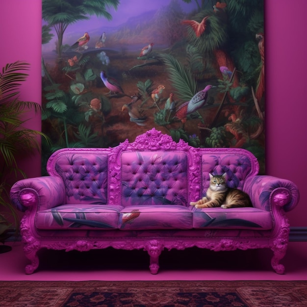 Fioletowa kanapa z kotem siedzącym na niej przed malarskim generatywnym ai
