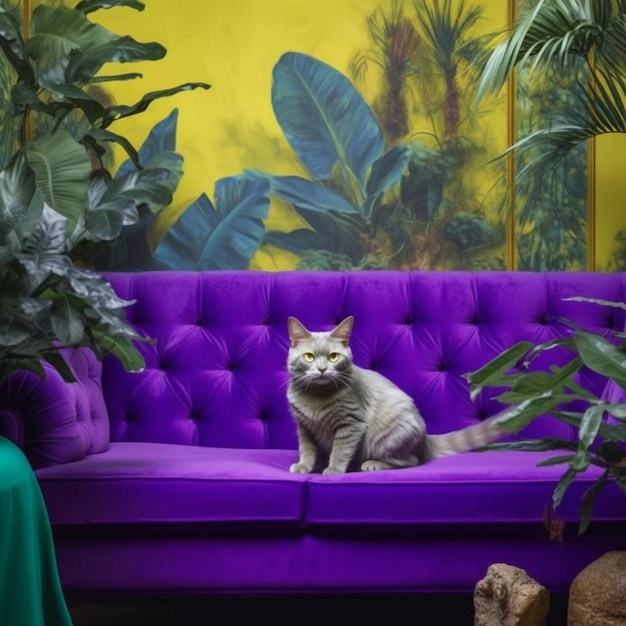 Fioletowa kanapa z kotem siedzącym na niej przed ścianą z roślinami generatywnymi ai