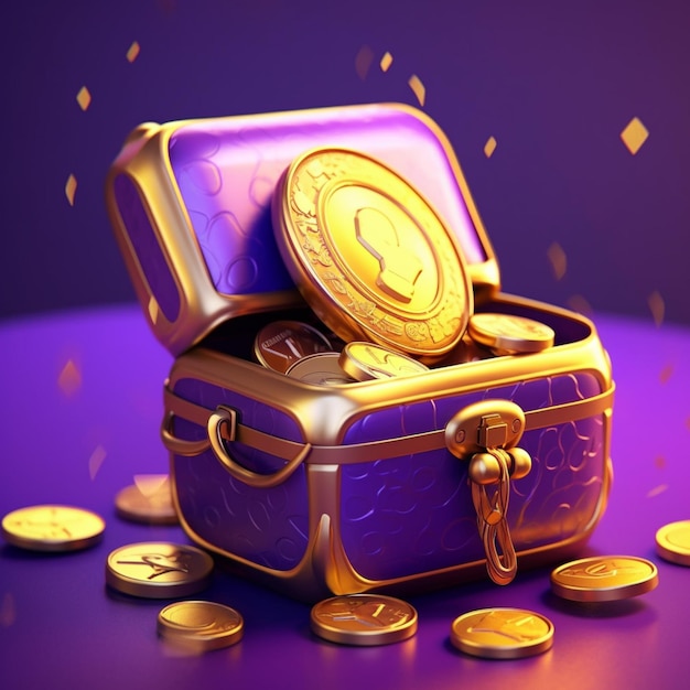 fioletowa klatka piersiowa ze złotymi monetami na fioletowym tle 3D