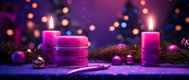 Fioletowa kompozycja świąteczna z świecami dekoracja światła bokeh Wesołych Świąt i Nowego Roku