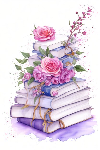 fioletowa książka akwarelowa i kwiaty na białym tle