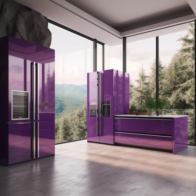 fioletowa kuchnia z dużym oknem i widokiem na góry generatywne ai