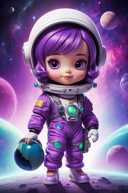 Fioletowa lalka w garniturze kosmicznym z fioletowym kapeluszem i włosami