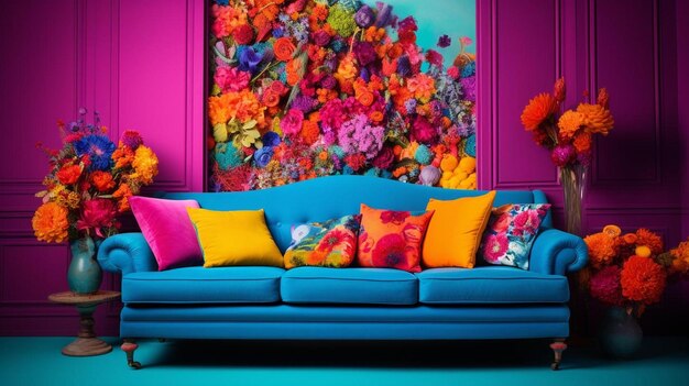 Zdjęcie fioletowa sofa z kolorowymi poduszkami i kolorowym tłem kwiatów.