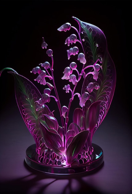 Fioletowa szklana rzeźba kwiatów konwalii.