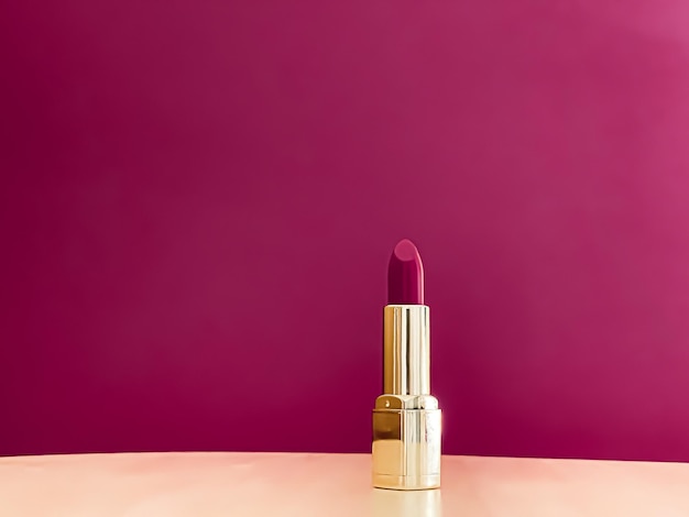 Fioletowa szminka w złotej tubce na kolorowym tle luksusowy makijaż i kosmetyki do projektowania produktów marki kosmetycznej