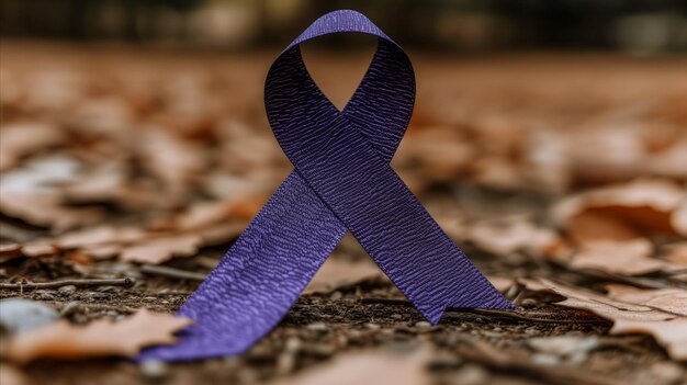 Zdjęcie fioletowa wstążka świadomości na tle jesiennych liści z okazji światowego dnia walki z rakiem