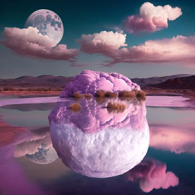 Zdjęcie fioletowe chmury odbijają się w wodzie jeziora.