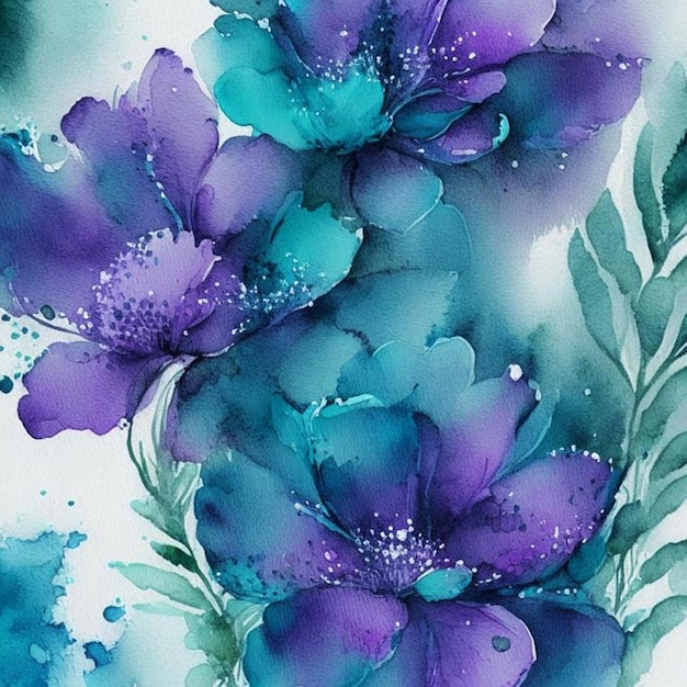 Fioletowe i błękitne kwiaty akwarelowe z łodygami i liśćmi