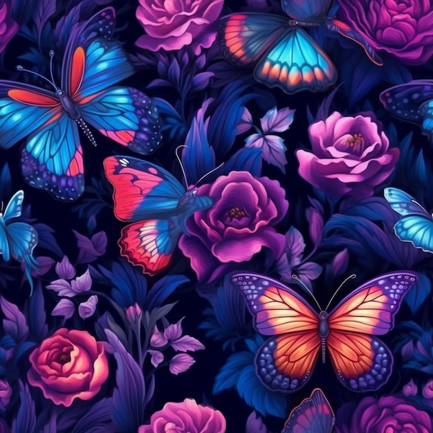 Fioletowe i niebieskie motyle i róże na czarnym tle generatywne ai