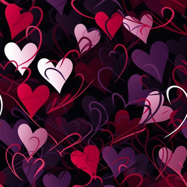 Fioletowe i różowe serca ze słowem "miłość".