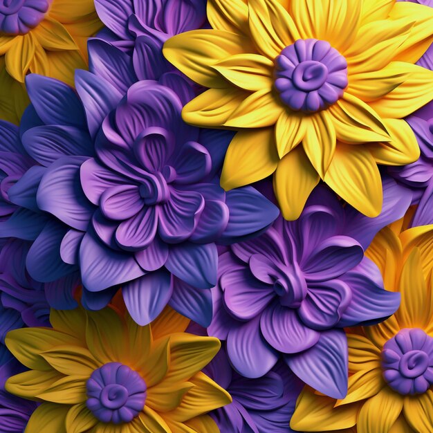 fioletowe i żółte kwiaty są ułożone w wzorze na fioletowym tle generatywny ai