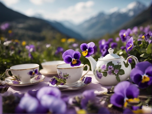 Fioletowe kwiaty i filiżanki herbaty na polu fioletowych kwiatów.