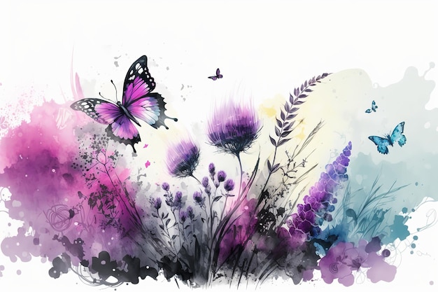 Fioletowe kwiaty i motyle Piękny minimalistyczny nadruk do wystroju pocztówki z gratulacjami i plakatu Generative AI