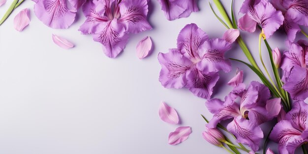 fioletowe kwiaty na białej powierzchni z płatkami rozrzuconymi wokół generatywnej AI