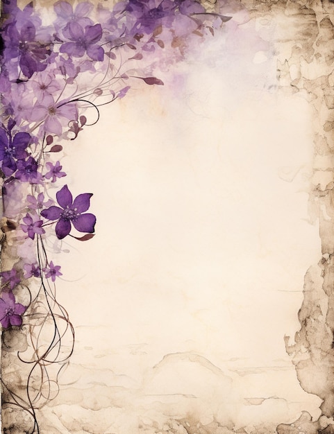 fioletowe kwiaty na grunge tle z papierową granicą generatywny ai