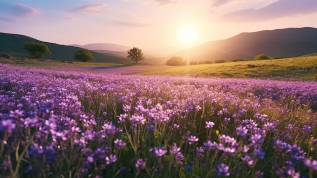 fioletowe kwiaty na polu z górami na tle
