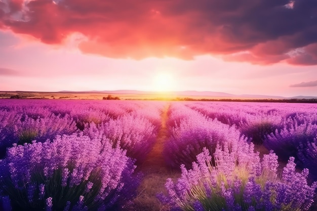 Fioletowe kwiaty na polu z zachodem słońca w tle