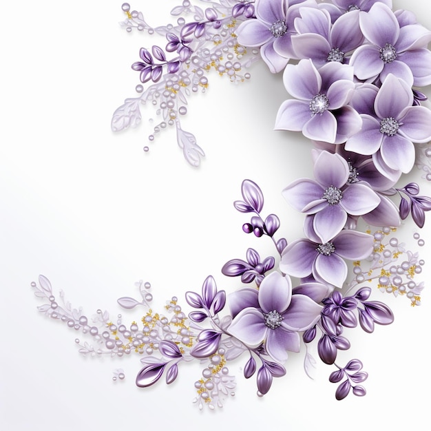 fioletowe kwiaty są ułożone na białym tle z perłami generatywnymi ai