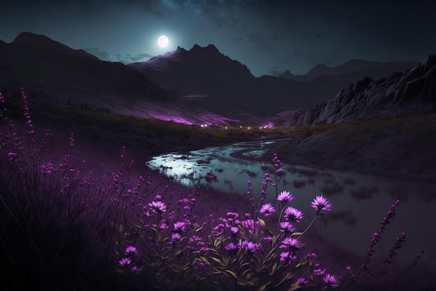 fioletowe kwiaty w górach w nocy