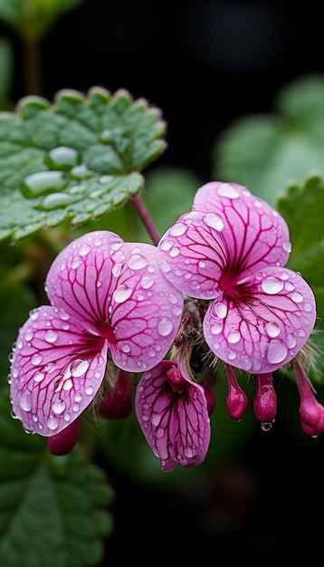 fioletowe kwiaty z kropelkami wody w ogrodzie generatywnym ai