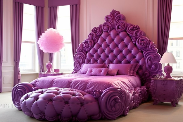 Fioletowe łóżko z fioletowym głównym deskiem i fioletowe główne desko promieniujące królewskie fioletowa łóżko księżniczki