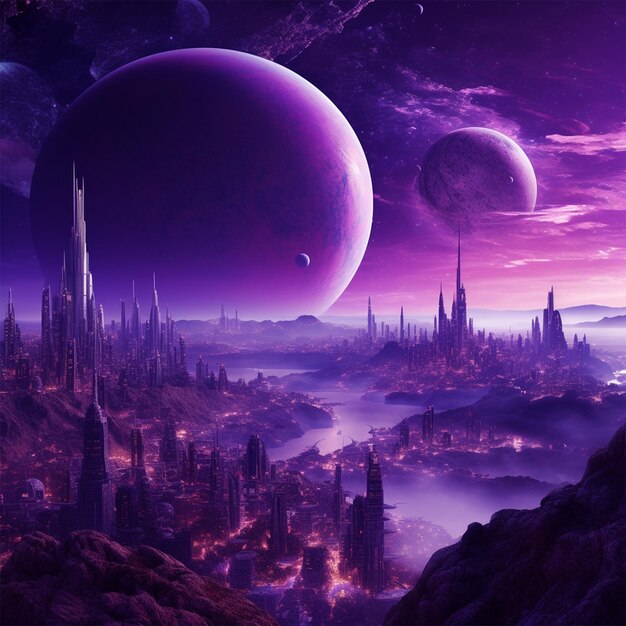 Zdjęcie fioletowe miasto z planetą na tle