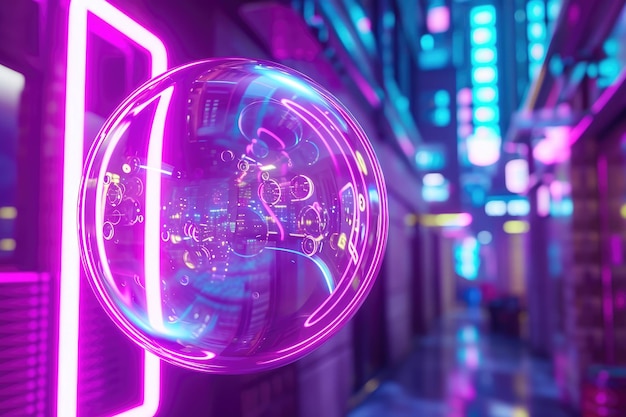 Fioletowe okrągłe pęcherzyki Tło sceny ilustracja 3D renderowanie futurystyczny neon świecący pokój