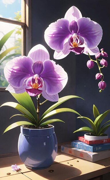 fioletowe orchidei w niebieskim wazonie z książką zatytułowaną "Orchid"