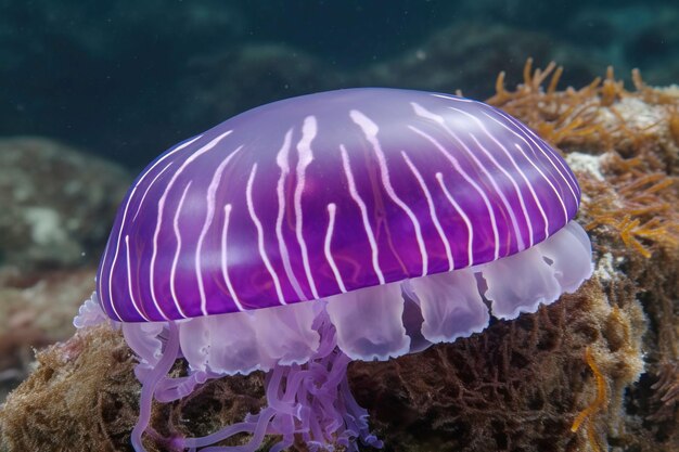 Fioletowe paski, rzadkie kolorowe meduzy, zbliżenie, ciemne tło, stworzona przez sztuczną inteligencję, fauna morska.