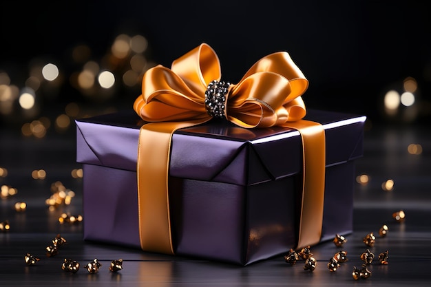 Zdjęcie fioletowe pudełka na prezenty 3d ze złotą wstążką z gradientowym tłem
