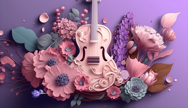 Fioletowe skrzypce z kwiatami i smyczkiem.