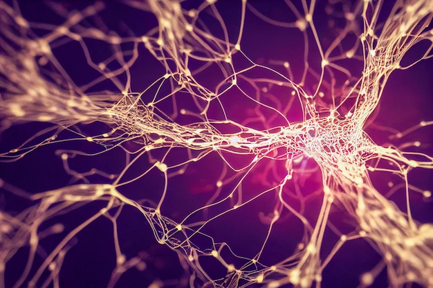 Fioletowe synapsy neuronowe komunikujące się i wysyłające sygnały elektryczne neuronauki Generative AI