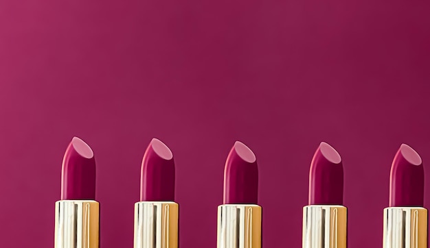 Fioletowe szminki w złotych tubkach na kolorowym tle luksusowy makijaż i kosmetyki do projektowania produktów marki kosmetycznej