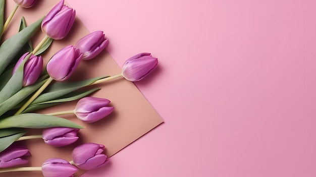 Fioletowe tulipany na różowym tle z kartą na tekst.