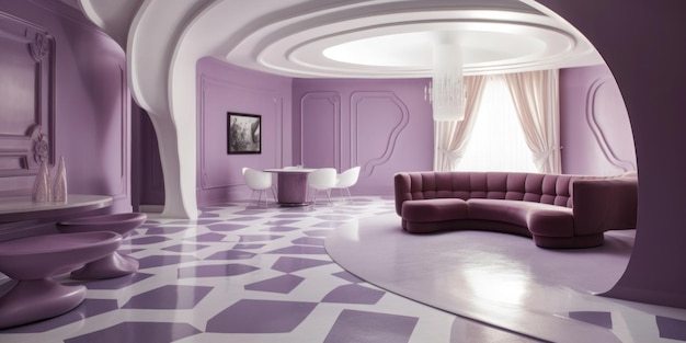 Fioletowo-biały pokój z fioletową kanapą i białym stołem.