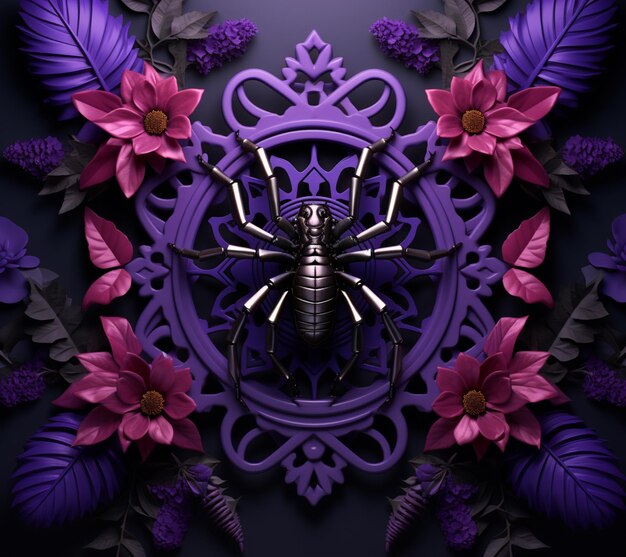 fioletowo-czarny zegar ścienny z pająkiem i kwiatami generativ ai