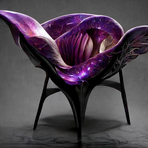 Zdjęcie fioletowo-fioletowe krzesło z fioletowym kwiatkiem na oparciu.