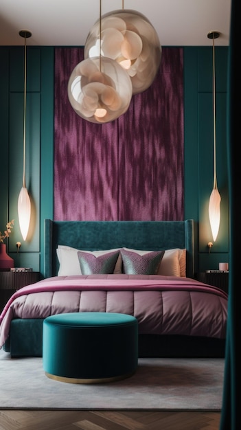 Fioletowo-zielona sypialnia z dużym łóżkiem generującym obraz ai