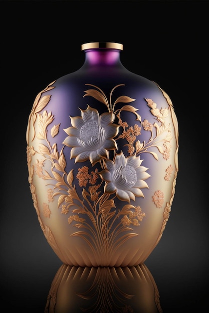 Fioletowo-złoty wazon stojący na stole generującym ai