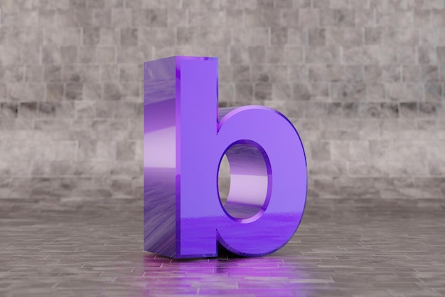 Fioletowy 3d litera B mała. Błyszczący list indygo na tle płytki. Metaliczny alfabet z odbiciami światła studyjnego. 3D renderowany znak czcionki.