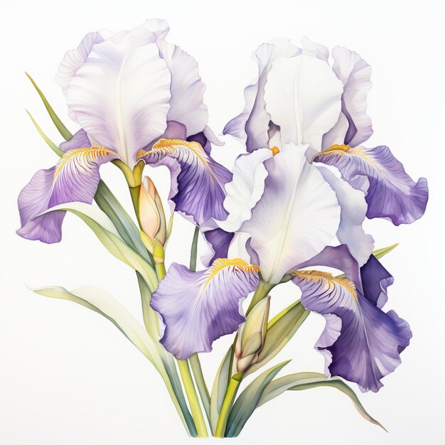 Zdjęcie fioletowy akwarel iris z białymi kwiatami na białym tle