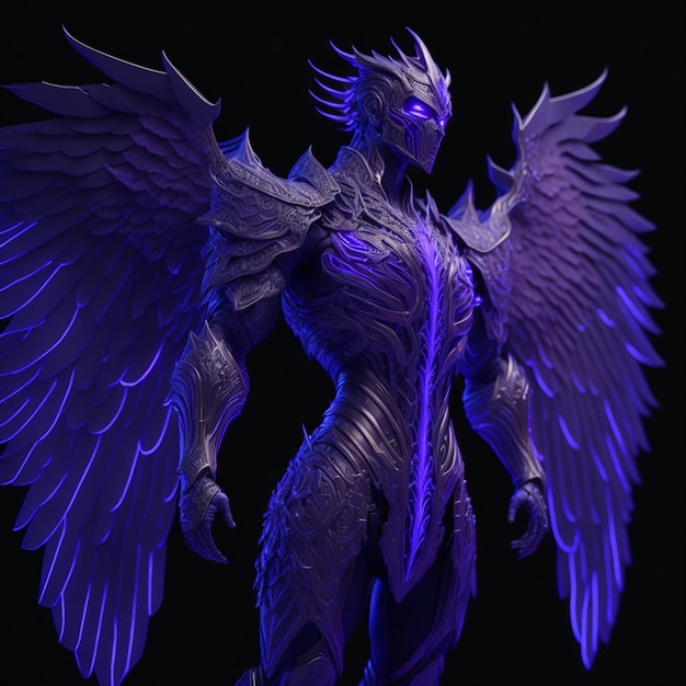 Fioletowy anioł ze skrzydłami i skrzydłami stoi przed czarnym tłem.