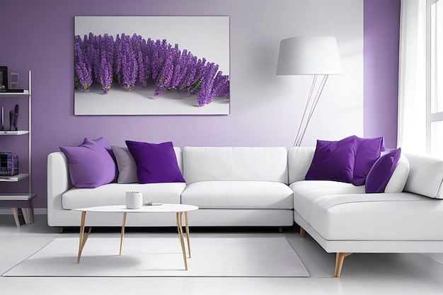 Fioletowy i biały kolor Nowoczesny projekt wnętrza salonu Zainspiruj się swoim salonem