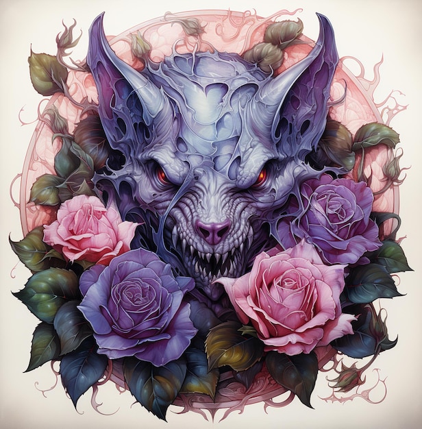 fioletowy i niebieski rysunek demona otoczonego różami generatywny ai
