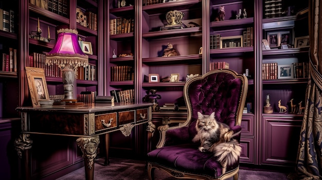 fioletowy i złoty krzesło w bibliotece z psem na nim generatywny ai