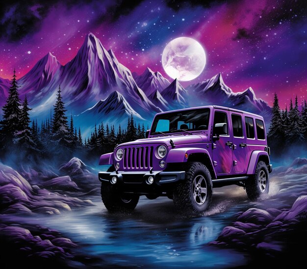 fioletowy jeep zaparkowany przed górą z generatywną sztuczną inteligencją w pełni księżyca
