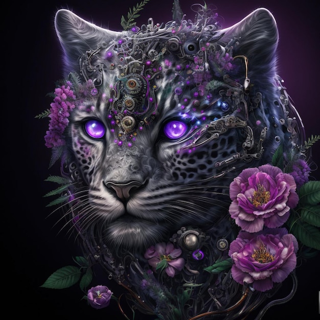 Fioletowy kot z fioletowymi oczami i fioletowymi kwiatami