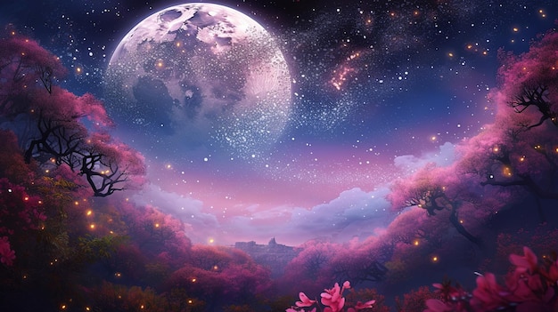 Fioletowy księżyc i różowe kwiaty z księżycem w tle
