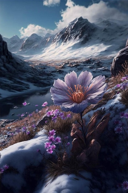 Fioletowy kwiat siedzi na szczycie pokrytego śniegiem zbocza generatywnego ai